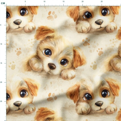 Drelich bawełniany Pieski z wielkimi oczami i łapki na beżu – tkanina drukowana na metry