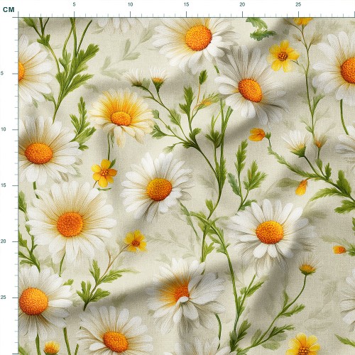 Drelich bawełniany Białe stokrotki na beżowym tle – tkanina drukowana na metry