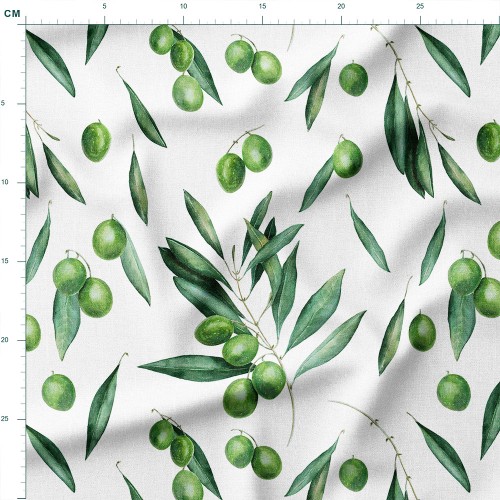 Tkanina Panama Gałązki oliwne z owocami na białym tle – tkanina drukowana na metry