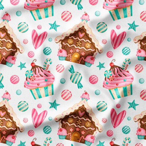 Tkanina Panama Piernikowe domki i słodkie babeczki – tkanina drukowana na metry