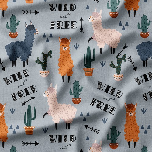 Tkanina Panama Lamy i kaktusy z napisem Wild and Free – tkanina drukowana na metry
