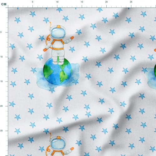 Tkanina Panama Astronauta na kuli ziemskiej wśród gwiazdek – tkanina drukowana na metry
