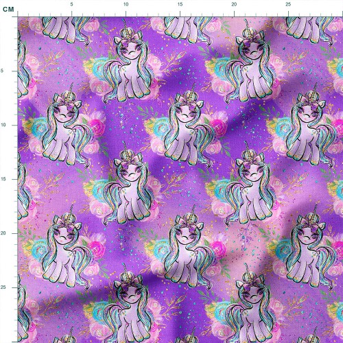 Tkanina Panama Jednorożce z kokardkami na fioletowym tle – tkanina drukowana na metry