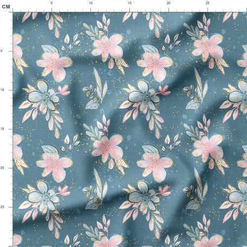 Tkanina Panama Różowo-błękitne kwiaty ze złotymi cętkami na niebieskim tle – tkanina drukowana na metry