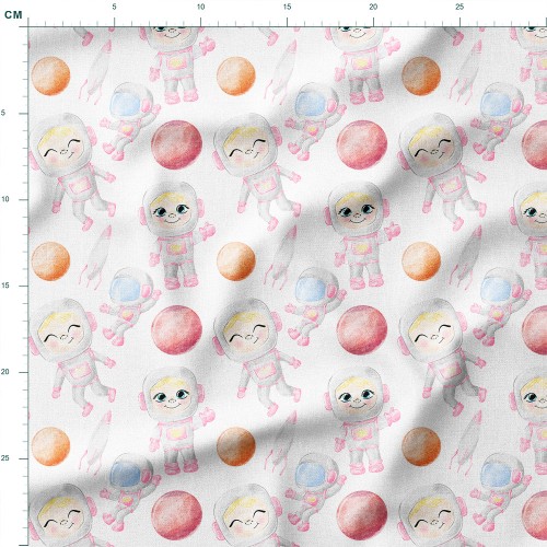 Tkanina Panama Małe astronautki i różowe planety – tkanina drukowana na metry