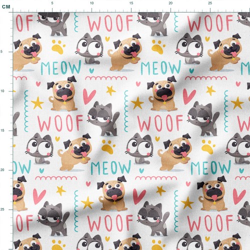 Tkanina Panama Kotki i mopsy z napisami Woof i Meow – tkanina drukowana na metry