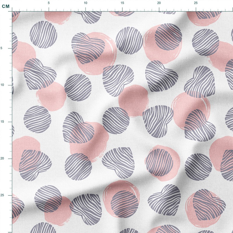 Tkanina Panama Kreskowane serduszka i kółka na różowych plamach – tkanina drukowana na metry