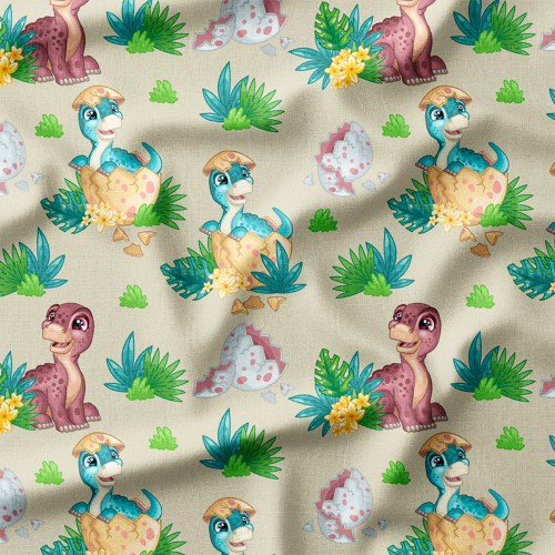 Tkanina Panama Małe dinozaury wykluwające się z jajek wśród liści – tkanina drukowana na metry