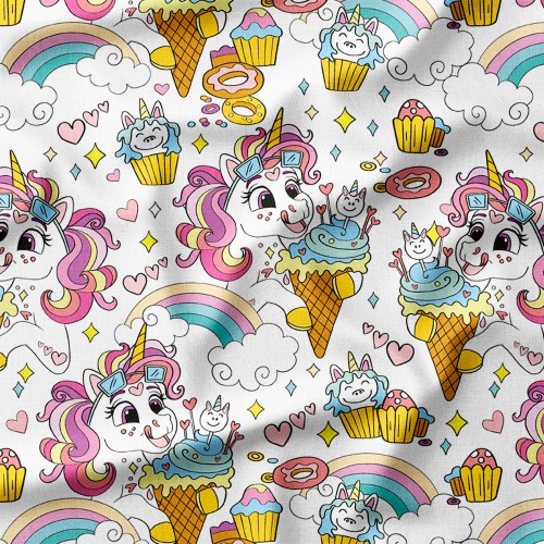 Tkanina Panama Jednorożce z lodami i babeczkami – tkanina drukowana na metry