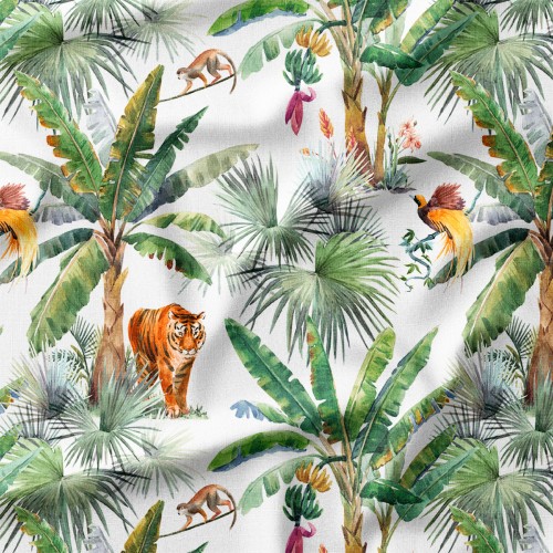 Tkanina Panama Tygrys i małpka wśród palm i bananowców – tkanina drukowana na metry