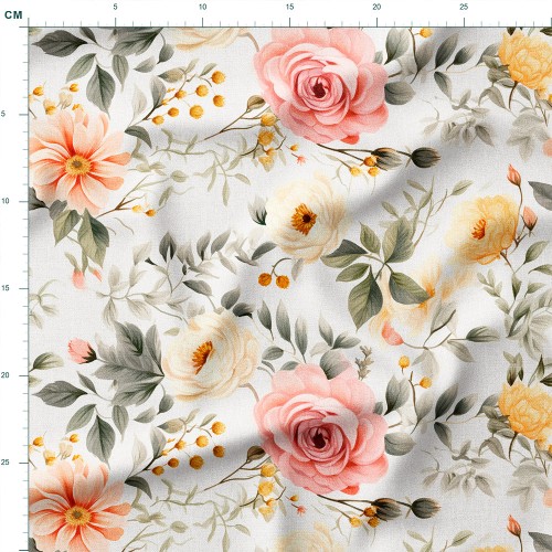 Tkanina Panama Różowe i kremowe róże z żółtymi pąkami – tkanina drukowana na metry