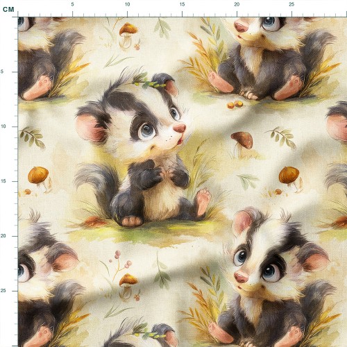 Tkanina Panama Mały skunksik wśród grzybków i listków – tkanina drukowana na metry