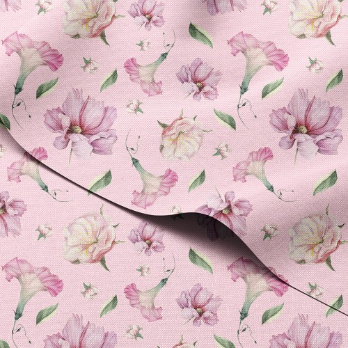 Tkanina wodoodporna Oxford Akwarelowe hibiskusy i piwonie na różu – tkanina drukowana