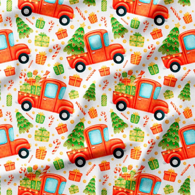 Czerwone ciężarówki z choinkami i prezentami – Oxford z nadrukiem