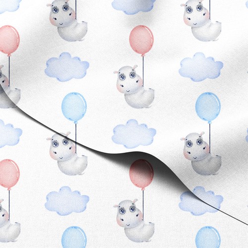 Tkanina wodoodporna Oxford Hipopotamy z balonami wśród obłoczków – tkanina drukowana