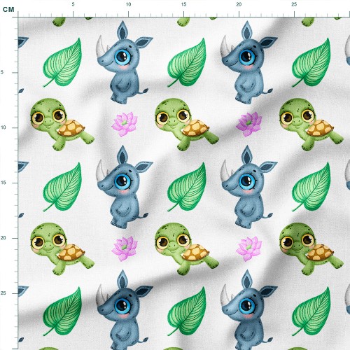 Tkanina wodoodporna Oxford Uśmiechnięte nosorożce i żółwie z liśćmi i lotosami – tkanina drukowana