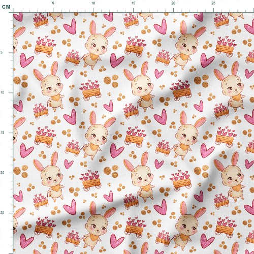 Tkanina wodoodporna Oxford Króliczki z wózkami pełnymi serduszek – tkanina drukowana