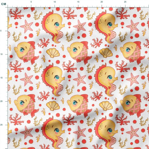 Tkanina wodoodporna Oxford Koniki morskie i rybki wśród koralowców i rozgwiazd – tkanina drukowana
