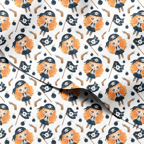 Tkanina wodoodporna Oxford Rudowłose piratki z flagą i pistoletami – tkanina drukowana