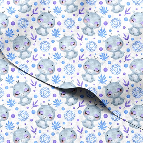 Tkanina wodoodporna Oxford Śpiące hipopotamy z listkami i mandalami – tkanina drukowana