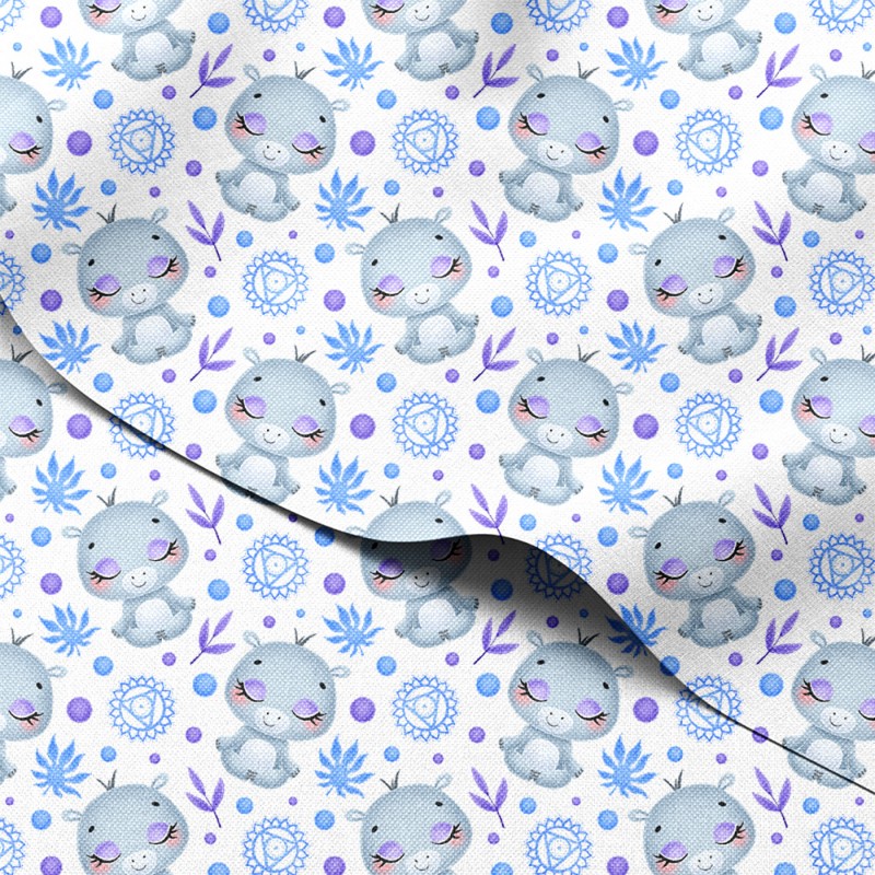 Tkanina wodoodporna Oxford Śpiące hipopotamy z listkami i mandalami – tkanina drukowana