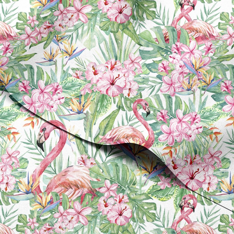 Tkanina wodoodporna Oxford Flamingi wśród hibiskusów i liści monstery – tkanina drukowana