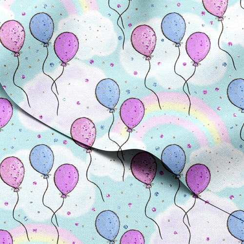 Tkanina wodoodporna Oxford Różowe i niebieskie balony wśród tęcz i obłoków – tkanina drukowana