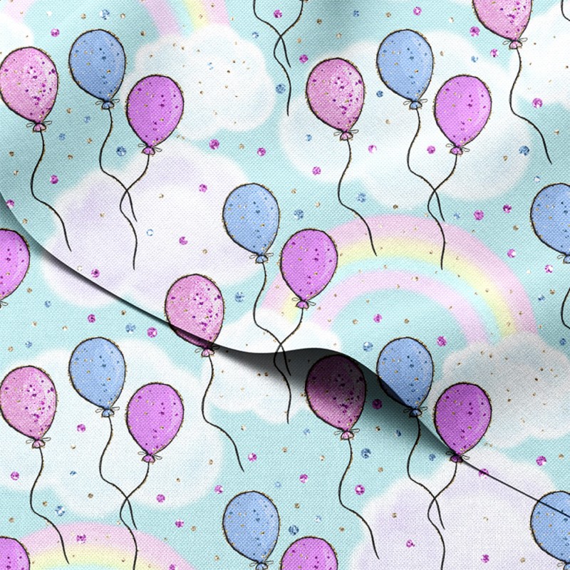 Tkanina wodoodporna Oxford Różowe i niebieskie balony wśród tęcz i obłoków – tkanina drukowana