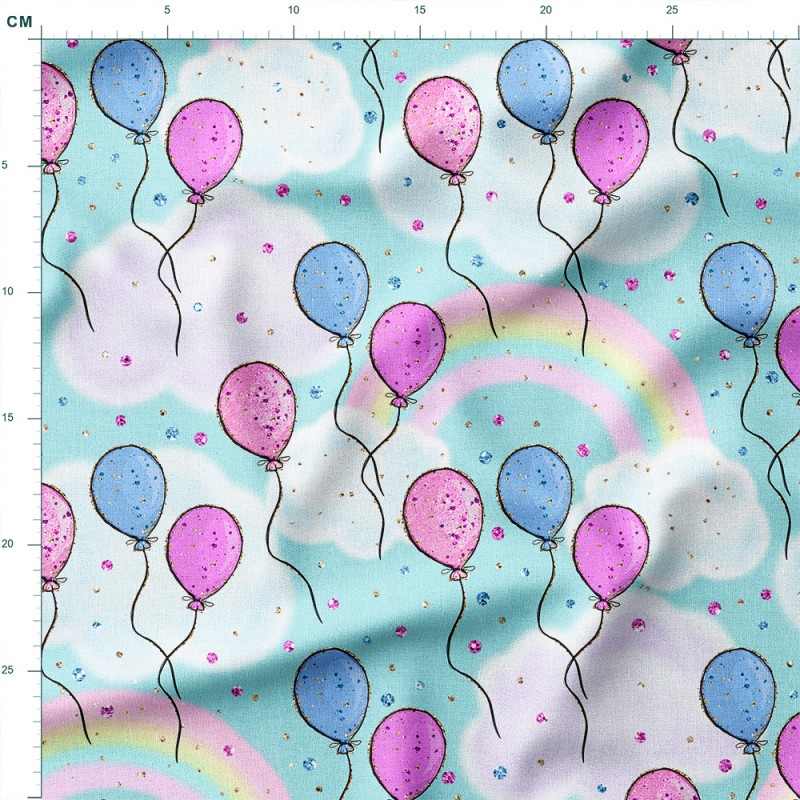 Tkanina wodoodporna Oxford Różowe i niebieskie balony wśród tęcz i obłoków – tkanina drukowana na metry