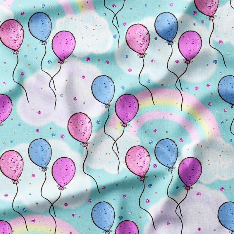 Różowe i niebieskie balony wśród tęcz i obłoków – Oxford z nadrukiem