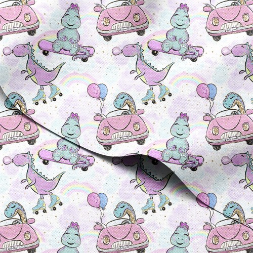 Tkanina wodoodporna Oxford Dinozaury na rolkach i deskorolce z tęczami – tkanina drukowana