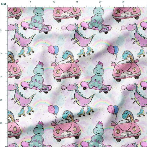 Tkanina wodoodporna Oxford Dinozaury na rolkach i deskorolce z tęczami – tkanina drukowana
