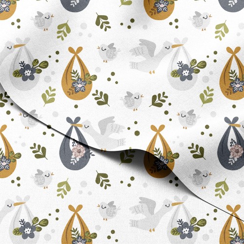 Tkanina wodoodporna Oxford Bociany z zawiniątkami i kwiatami – tkanina drukowana