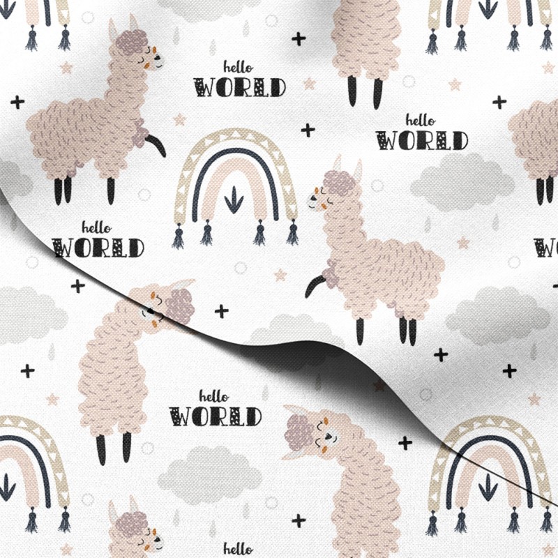 Tkanina wodoodporna Oxford Śpiące lamy z tęczą boho i napisem Hello World – tkanina drukowana