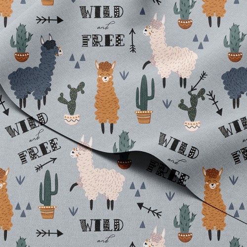 Tkanina wodoodporna Oxford Lamy i kaktusy z napisem Wild and Free – tkanina drukowana