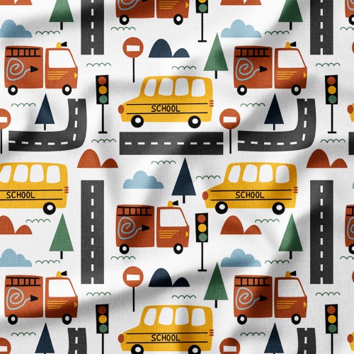 Autobusy szkolne i wóz strażacki na drodze – Oxford z nadrukiem