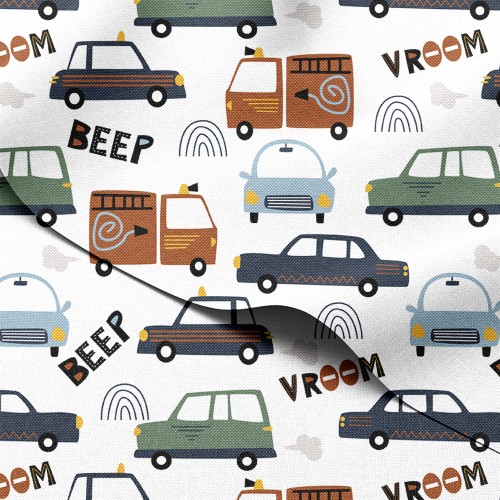 Tkanina wodoodporna Oxford Samochody i wozy strażackie z napisami Beep i Vroom – tkanina drukowana
