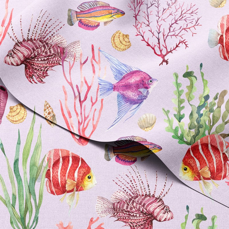 Tkanina wodoodporna Oxford Rybki i rafa koralowa na fioletowym tle – tkanina drukowana