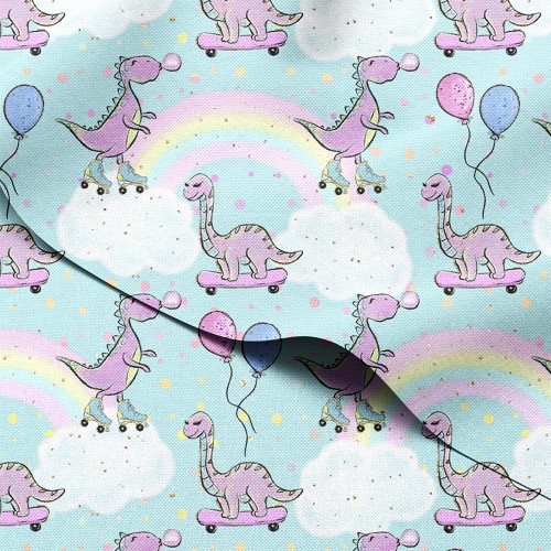 Tkanina wodoodporna Oxford Różowe dinozaury na wrotkach wśród tęcz i balonów – tkanina drukowana