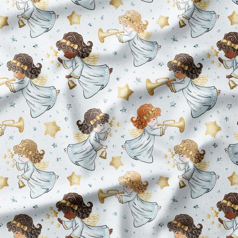 Aniołki z trąbkami wśród złotych gwiazdek – Oxford z nadrukiem