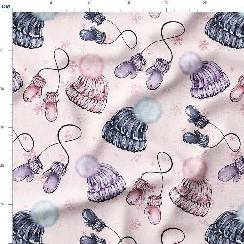 Tkanina wodoodporna Oxford Czapki i rękawiczki z pomponami na śnieżnym tle – tkanina drukowana