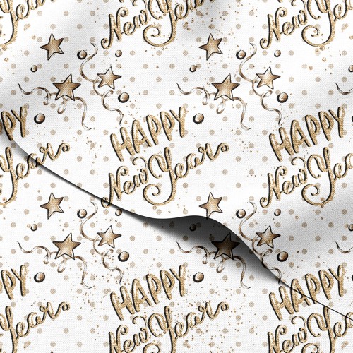 Tkanina wodoodporna Oxford Złote napisy Happy New Year z gwiazdkami i serpentyną – tkanina drukowana
