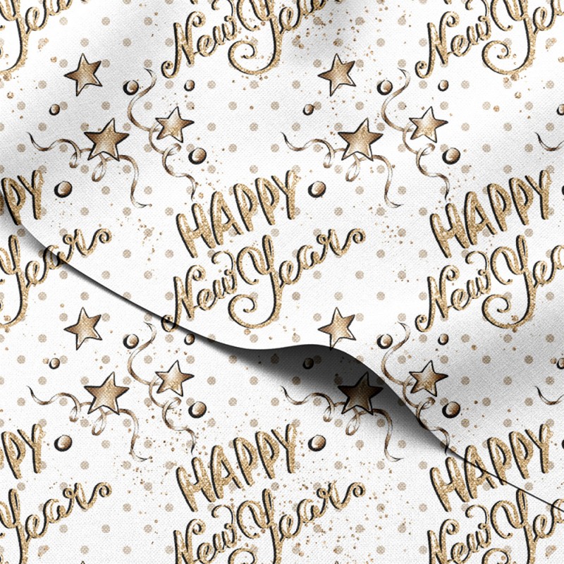 Tkanina wodoodporna Oxford Złote napisy Happy New Year z gwiazdkami i serpentyną – tkanina drukowana