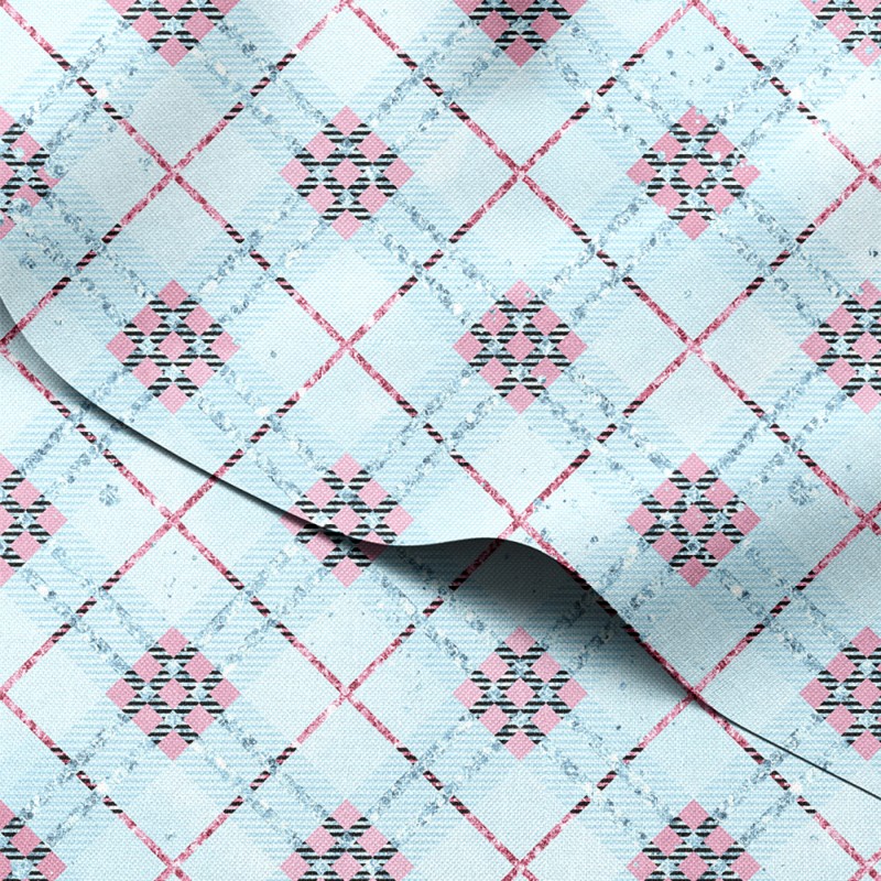 Tkanina wodoodporna Oxford Błękitna krata argyle z różowymi rombami – tkanina drukowana