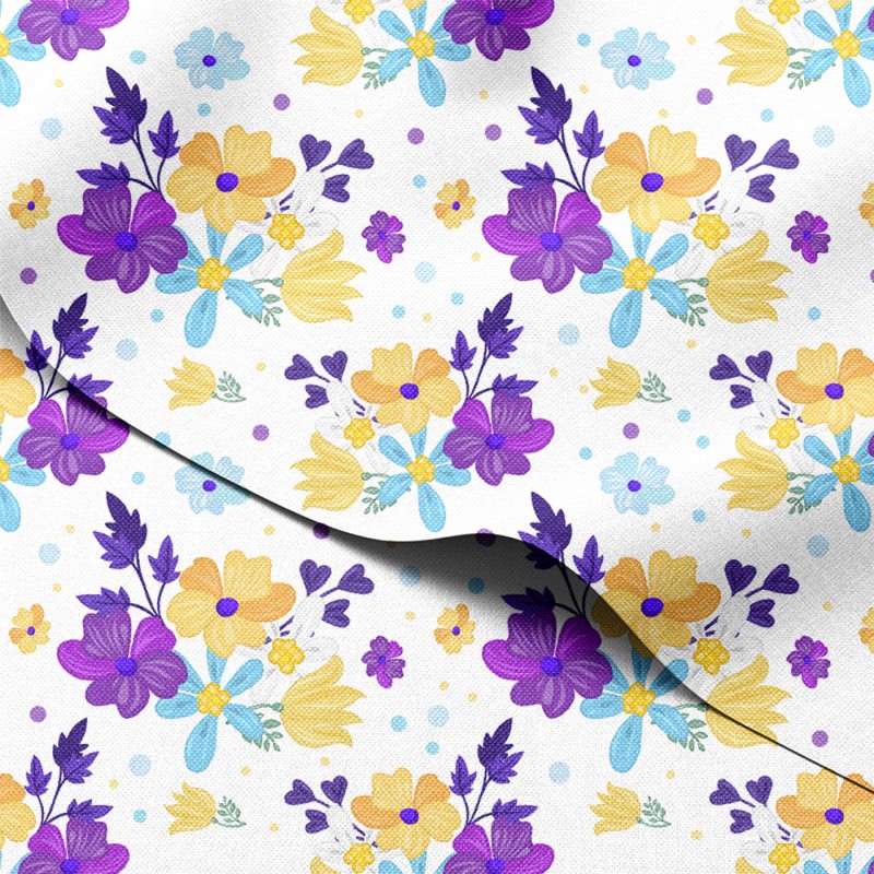 Tkanina wodoodporna Oxford Bukiety żółto-fioletowych kwiatów z błękitnym akcentem – tkanina drukowana