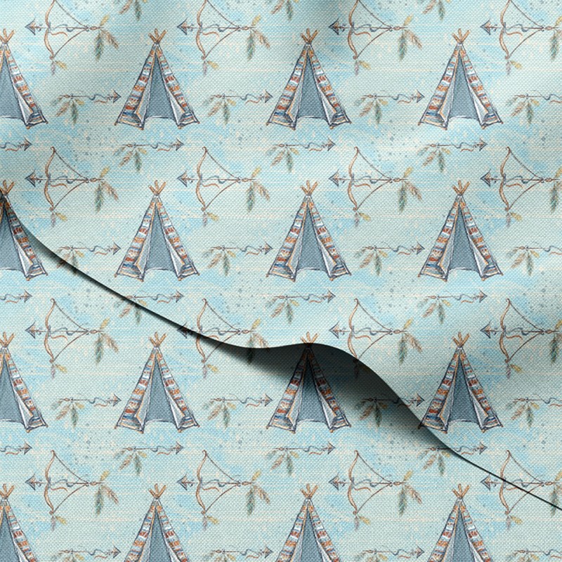 Tkanina wodoodporna Oxford Tipi z łukami i strzałami na błękicie – tkanina drukowana