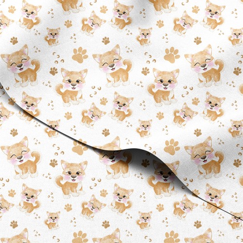 Tkanina wodoodporna Oxford Uśmiechnięte pieski shiba i odciski łap – tkanina drukowana