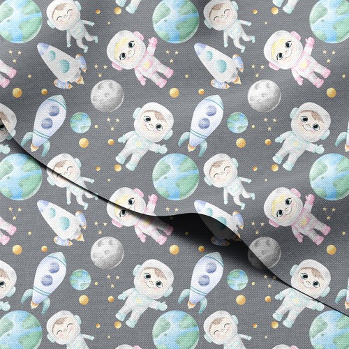 Tkanina wodoodporna Oxford Uśmiechnięci astronauci wśród rakiet i planet – tkanina drukowana