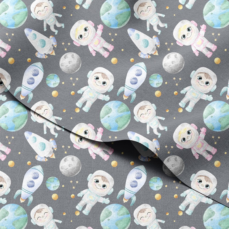 Tkanina wodoodporna Oxford Uśmiechnięci astronauci wśród rakiet i planet – tkanina drukowana