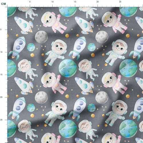 Tkanina wodoodporna Oxford Uśmiechnięci astronauci wśród rakiet i planet – tkanina drukowana